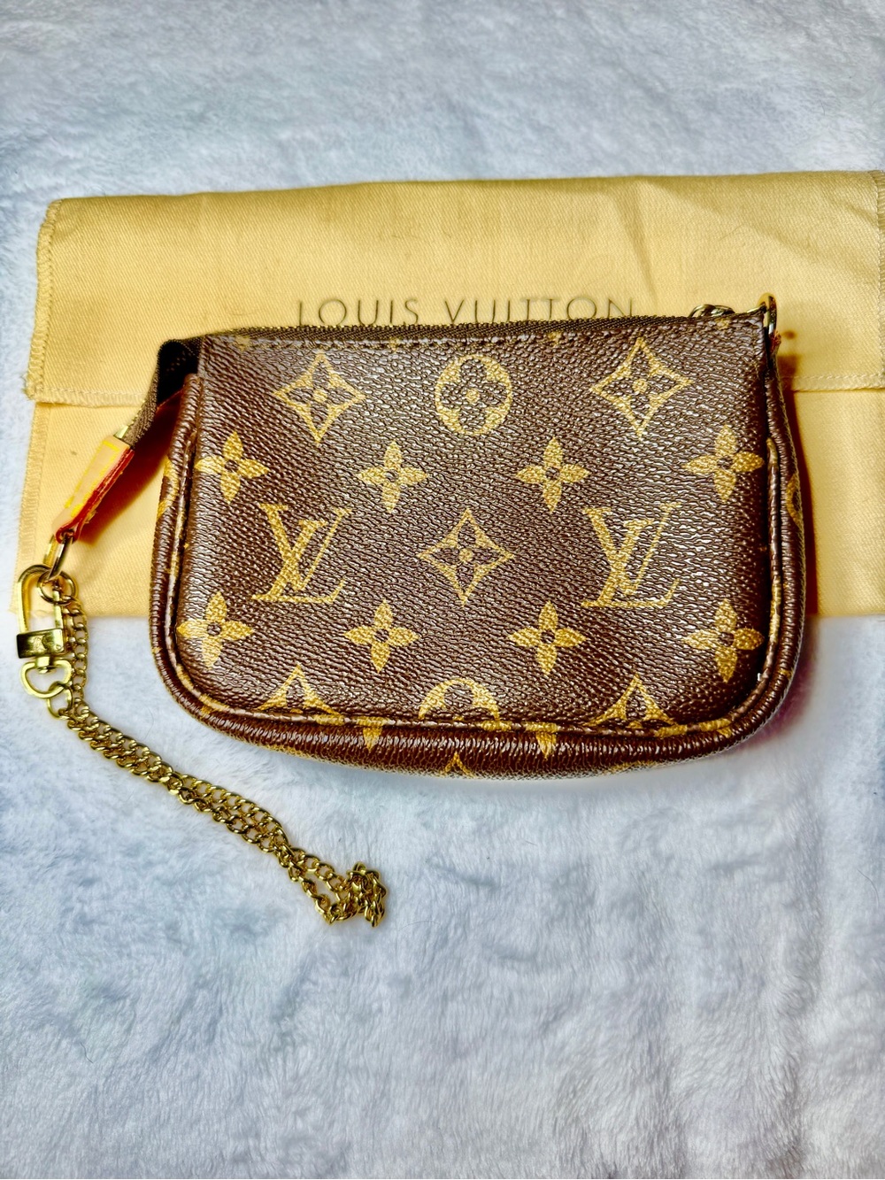 Louis Vuitton Brown & Gold Zip Card Holder with LV Logo Pull and Chain Strap EUC